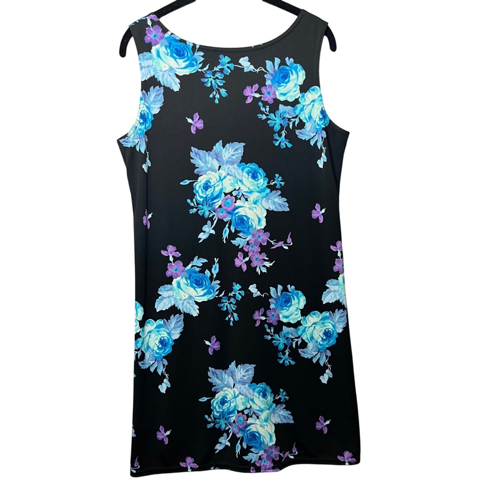 Vintage G.A.S. Floral Dress Large Black Blue Purple Sleeveless Made in USA‎